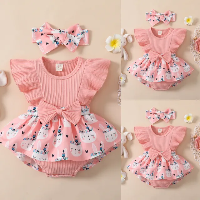 Newborn Baby Girls Rabbit Ruffle Romper Dress Headband Outfit Set Summer Clothes