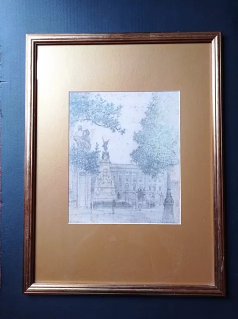 original coloured pencil drawing indistinctly signed Queen Victoria monument 