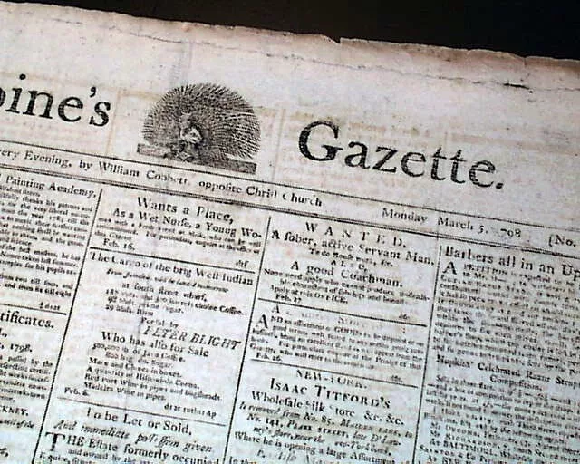 Rare PORCUPINE'S Gazette Engraving Philadelphia PA Pennsylvania 1798 Newspaper