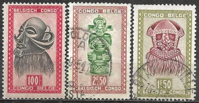Belgian Congo 1947 Mint Used Stamps African Masks Wood Art 1.50Fr 2.50Fr 100Fr
