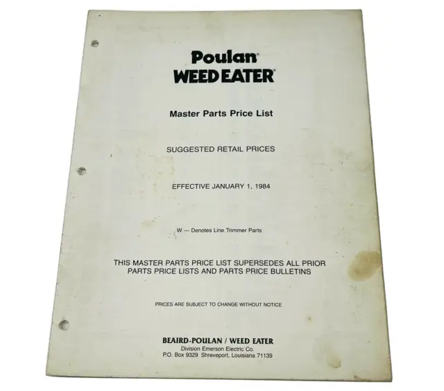 Lista de precios de piezas maestras Poulan Weed Eater 1984