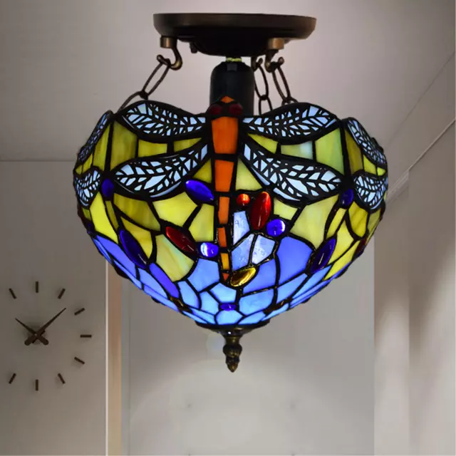 Antique Blue Dragonfly Tiffany Style Ceiling Shade Lamp 10 inch Stained Glass UK