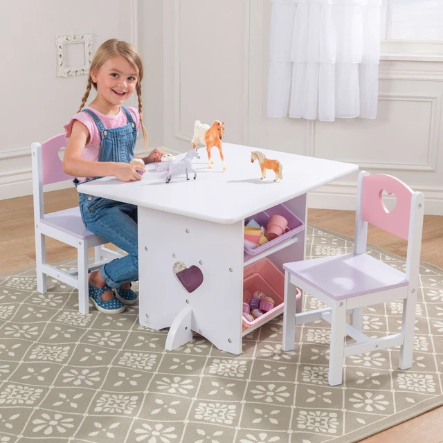 Wooden Heart-shaped Table and Chair Set with 4 Trash Cans Pink Purple White