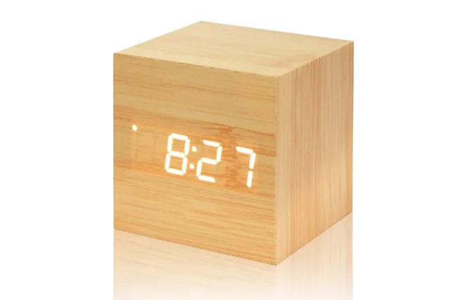 OROLOGIO SVEGLIA DIGITALE legno display led data cubo orologio da