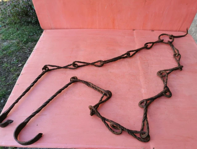 ANTIQUE OLD PRIMITIVE FORGED WROUGHT CHAIN FOR FIREPLACE HOOK HANGER 19th