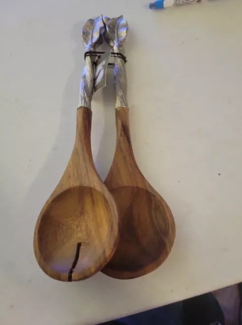 Pier One Imports Serveware Salad Server, Wood Spoon and Fork, Metal Leaf