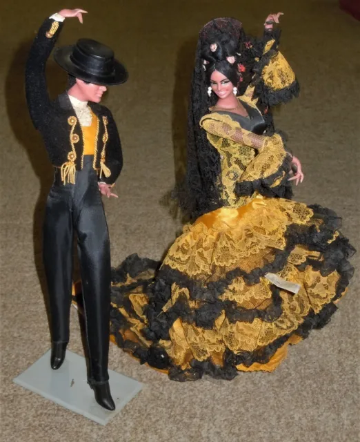 2 Vtg Marin Chiclana Spain Flamenco Dancer Doll Lot 13” Gold Black Tagged 332