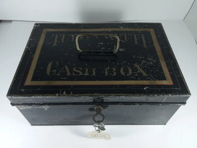 Vintage Metal Cash Money Tin Box Antique Tutti-Frutti Red Black Gold Trim & Keys