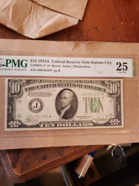 1934 A $10 Federal Reserve Star Note Kansas City Fr.2006-J* Pmg Very Fine Vf 25