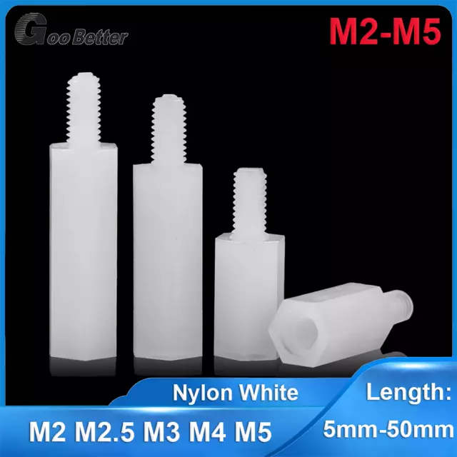 M2-M5 Male-Female Nylon Plastic Standoff Spacers Hex Pillar PCB Thread White