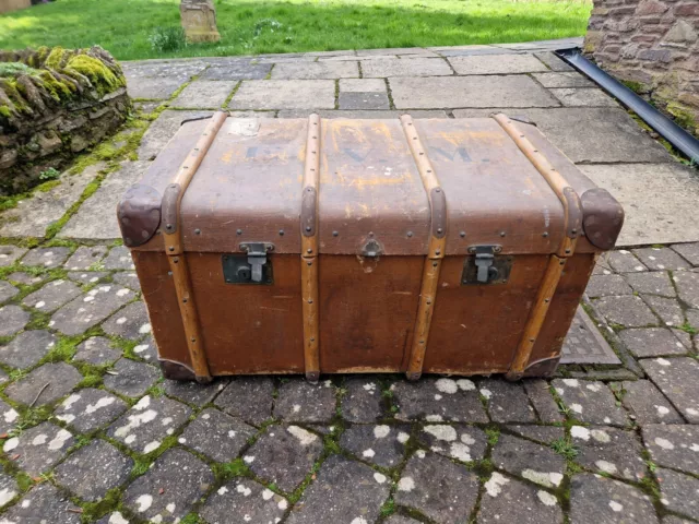 Antique The Crescent Large Steamer Luggage Travel Trunk with Wooden Bands A/F