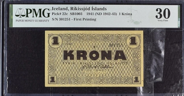 Iceland Set of 3 1 Krona P-22(c,f,k) 1941( ND 42-45) PMG 20-35 VF Banknotes