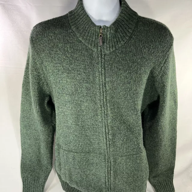 LL Bean Mens Sweater Large Green Cardigan Full Zip Heavy Lambs Wool Knit ZIP Up