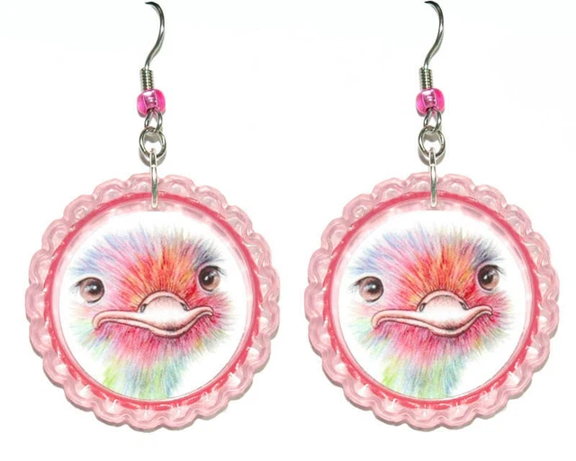 Adorable Ostrich Bird Pink Flattened Bottle Cap Dangle Earrings (CAP044a)