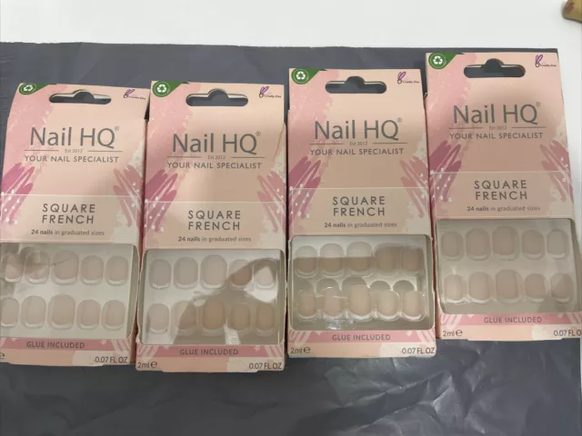 4xNail HQ Salon False Nails - Square French - 24 Nails with Glue Included