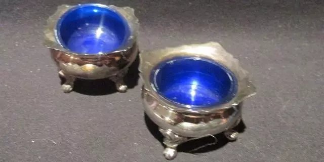 Open Salts Pair Silver Plated Footed Made in Canada with Cobalt Plastic Inserts