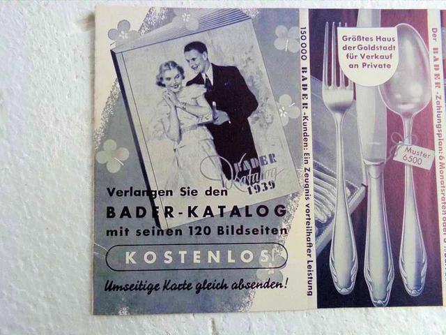 Altes WERBEPROSPEKT BADER KATALOG für 1939, Artikelbilder mit Preisen, optimal