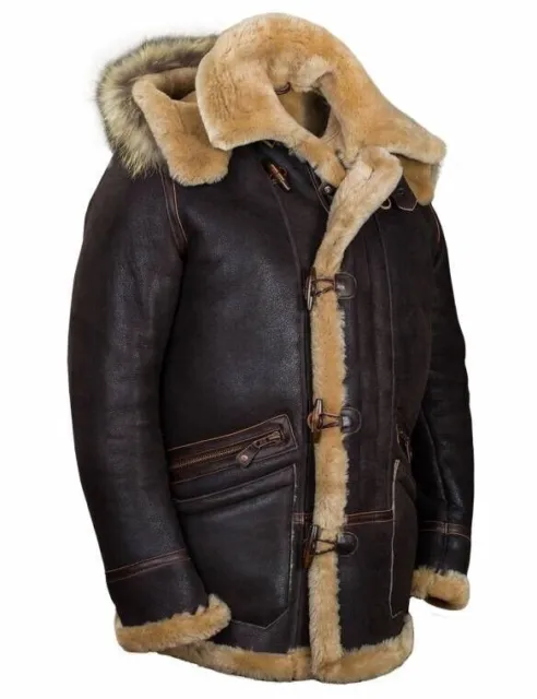 B7 Pilot Flight Hood Shearling Real Brown Soft Sheepskin Leather Jacket Coat Men