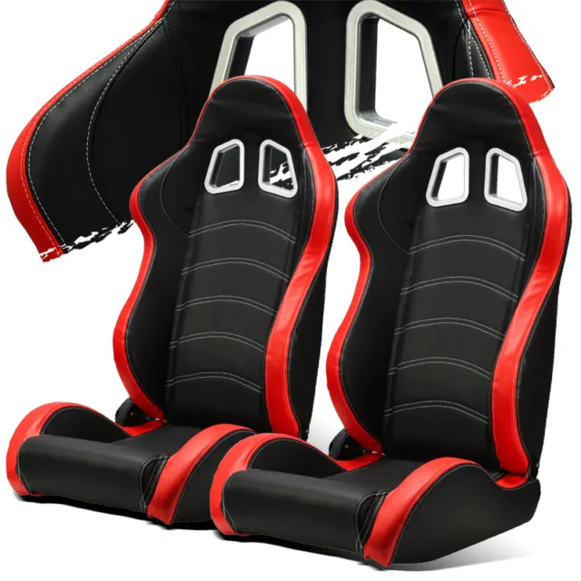 Black/Red PVC Leather/White Stitch Left/Right Recaro Style Racing Seats Slider