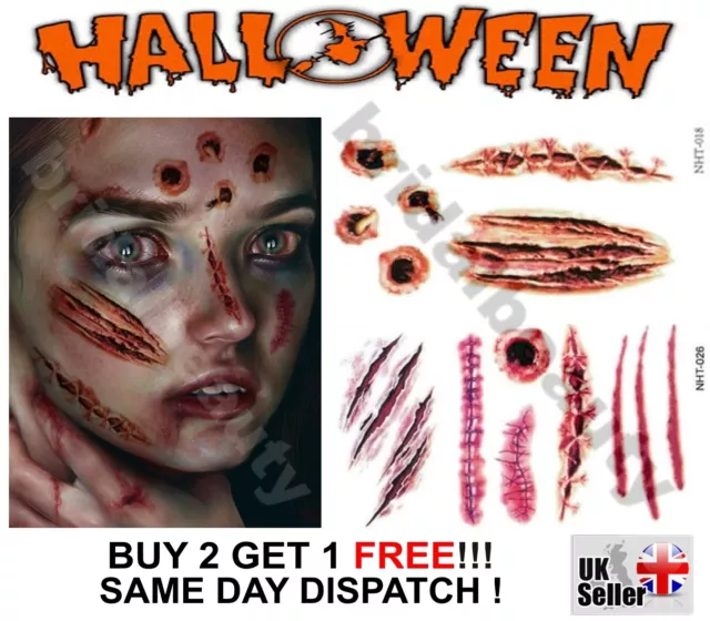 Halloween Zombie Scars Stitches Blood Temporary Tattoos Costume Wound Make-Up
