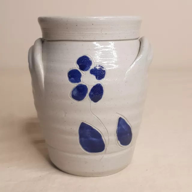 Williamsburg Pottery Stoneware Flat Handle Jar Cobalt Blue Flower Design