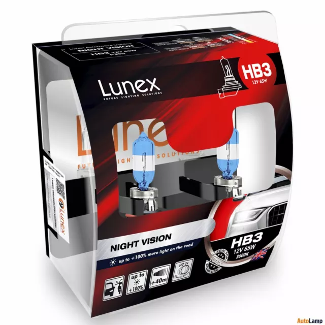 2x HB3 Lunex NIGHT VISION 9005 12V 65W Car Headlight Halogen Bulbs P20d 3600K