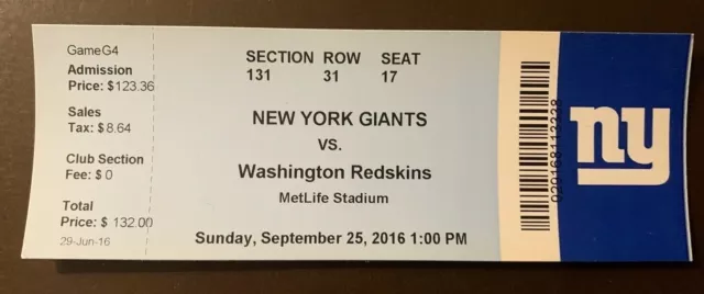 New York Giants 2016 NFL ticket stub vs Washington Redskins