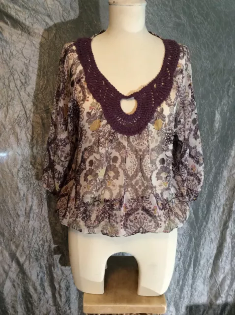 women's JW style shirt top size L sheer embroidered neck floral tan 3/4 sleeve