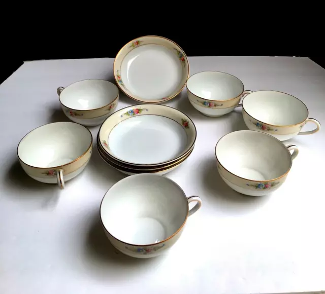 10 Peices 1914 Noritake Nippon Sedan Hand Painted China Teacups &Bowls Gold Trim