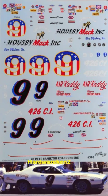 Nascar Decal # 9 Air Kaddy 1971 Plymouth Road Runner Pete Hamilton 1/25