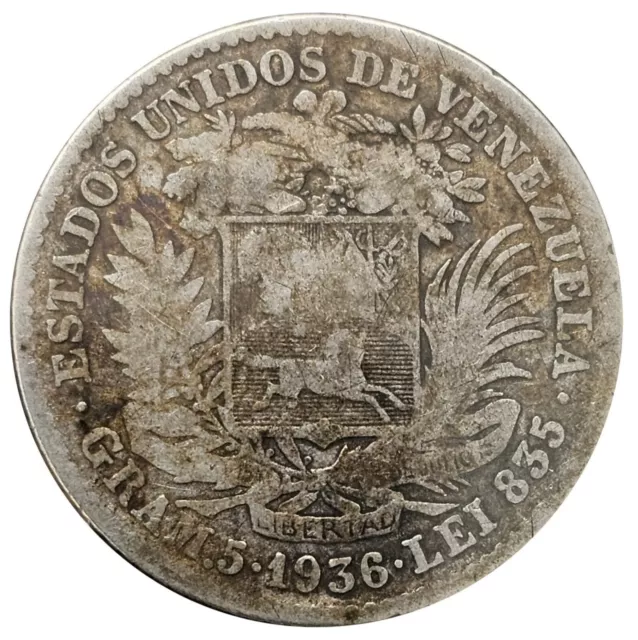 1936 P Venezuela 1 Bolivar .835 Silver Coin Barre Philadelphia Mint # 1138
