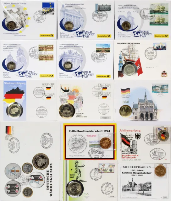 Konvolut Sammlung 14 Numisbriefe Münzbriefe Numiskarten 10 Münzen + 6 Medaillen