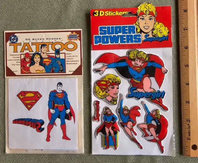 DC Super Powers - Superman Tattoos 1993 and Supergirl 3D Stickers 1982 UNOPENED!