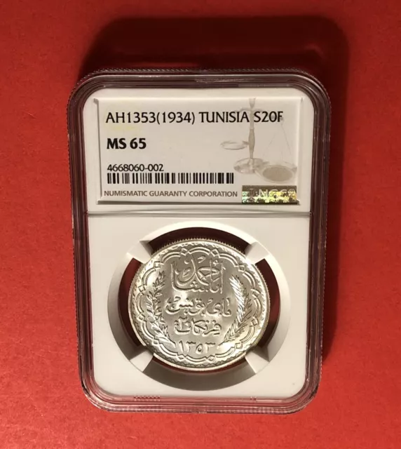 Tunisia-Ah 1353(Ad1934 )Silver Coin 20 Fr.,Graded By Ngc Ms65.Rare! Low Mintage