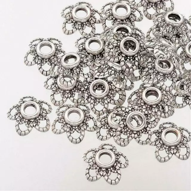 50 Perlenkappen Spacer Metall Antiksilber Schmuck Basteln Blume Kappen - 2441