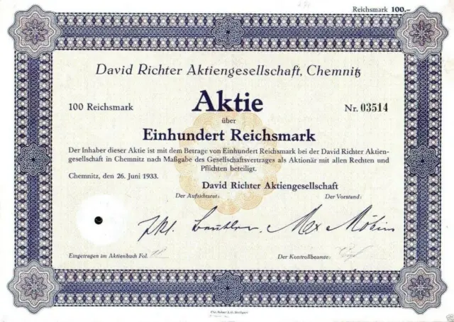 David Richter Aktiengesellschaft 1933 100 RM