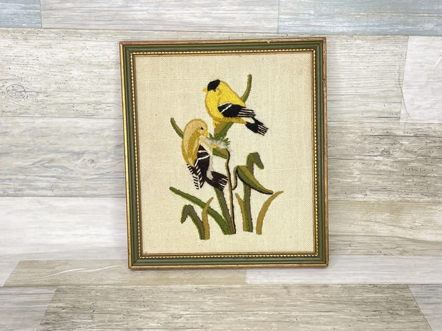"Bordado con punzón con aguja pinzón dorado americano enmarcado 2 pájaros 8""X10"