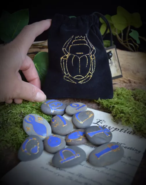 Egyptian Oracle Rune Stones  Wicca Pagan Witchcraft Divination Scarab Bag