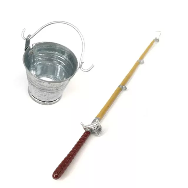 2Pcs/set 1:12 Dollhouse Miniature Metal Fishing Rod Model + Water Bucket_  ZT