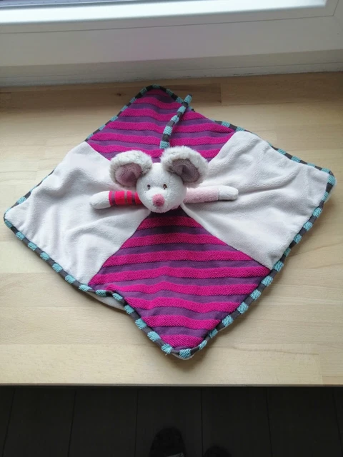 Doudou plat souris écru rayé mauve rose vert Bukowski état neuf