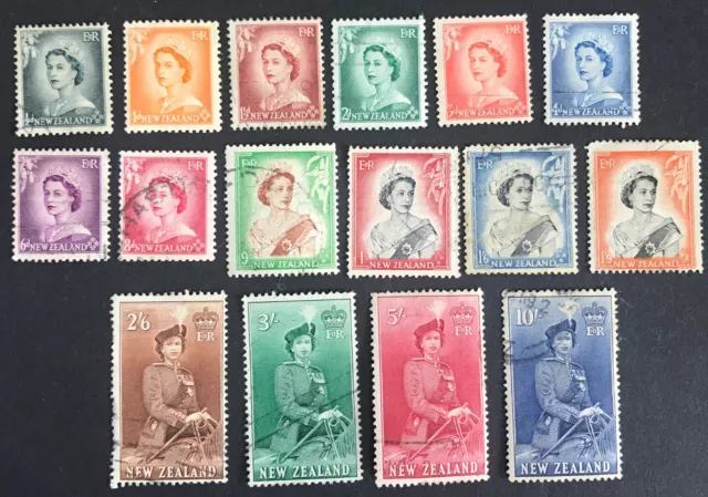 New Zealand 1953-54 Pre-Decimal Queen Elizabeth II complete set of 16 Used Stamp