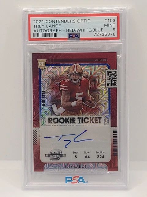 2021 Panini Contenders Optic Trey Lance Rookie Red/White/Blue Auto /13 PSA 9