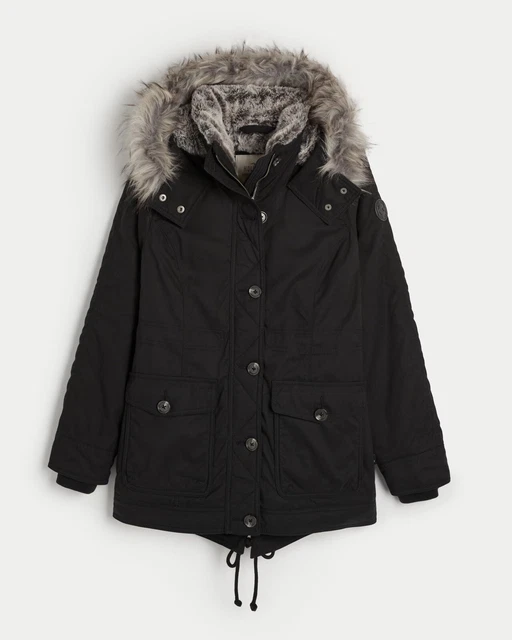 NWT HOLLISTER BY Abercrombie&Fitch Faux Fur-Lined Cozy Parka Black