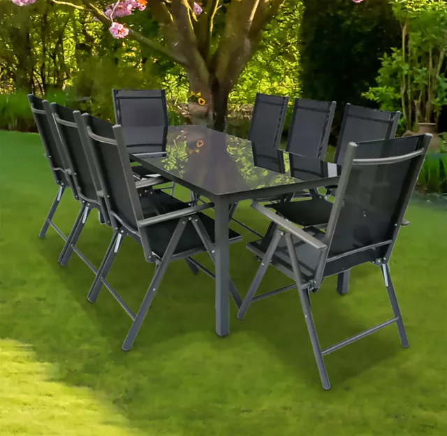 VCM 9 tlg. Set Gartenmöbel Alu Glas Gartenset Sitzgruppe Essgruppe Tisch Stühle