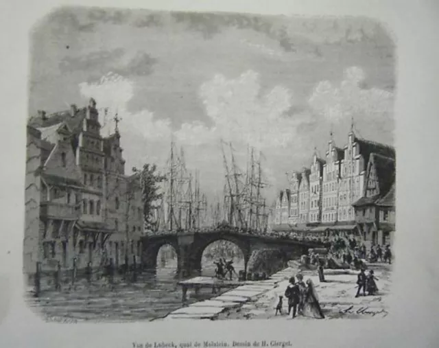 GRAVURE SUR BOIS 19ème VUE de LUBECK QUAI MOLSTEIN ALLEMAGNE