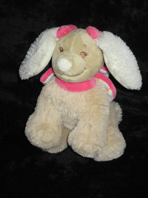 Doudou Peluche Adorable Chien Scuba beige écru noeud rose Noukie's Noukies