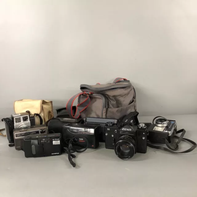 Film Camera Vintage Job Lot Bundle x7 Zenit 11 Olympus AF10 Kodak Brownie 20 -CP