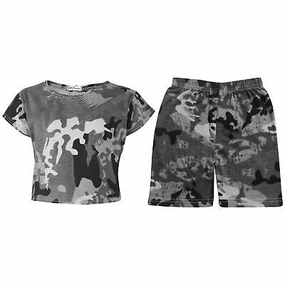 Kids Girls Crop Top Cycling Shorts Charcoal Camouflage Print Outfit Clothing Set