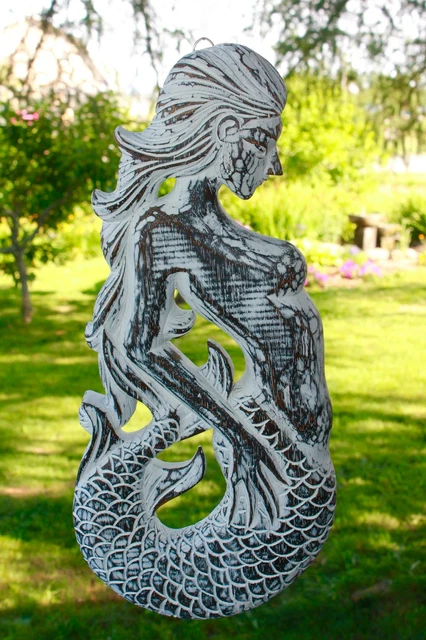 Balinese Mermaid Wall Sculpture Panel Nautical Decor carved wood Bali Art right