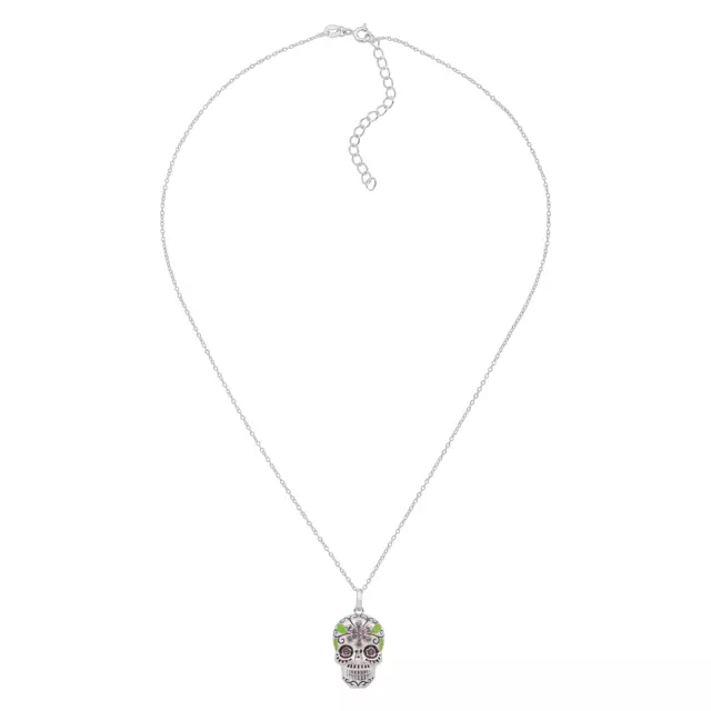 Crystaluxe Flower Sugar Skull Necklace with Crystal in Sterling Silver, 16" + 2" 3